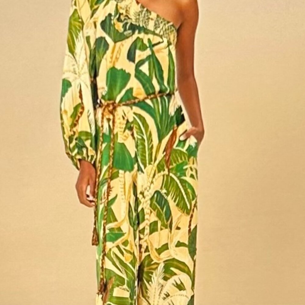 Farm Rio beige tropical isla one-shoulder jumpsuit Size M